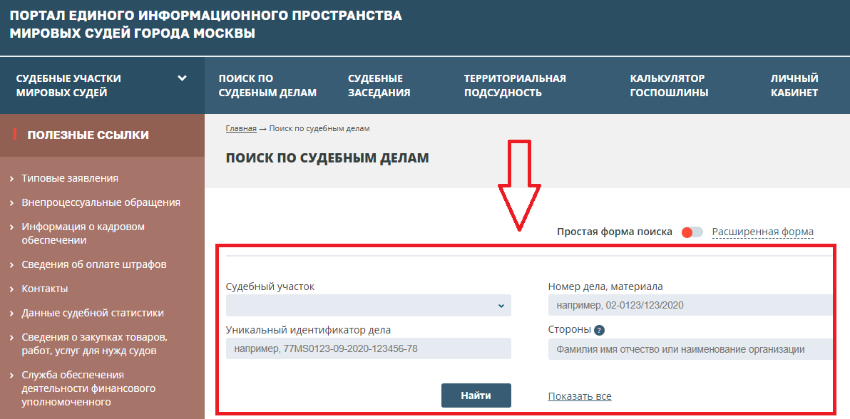 Поиск судебного приказа на сайте мирового суда